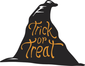 Black witch hat with the words Trick or Treat written inside in orange