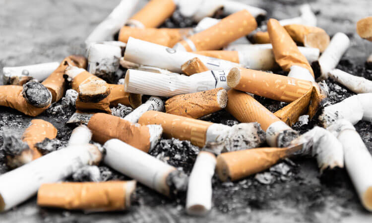 Closeup of a pile of smoked cigarettes with nicotine, that increases your risk of oral cancer and lung cancer