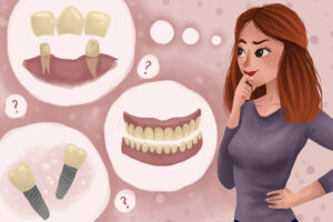 Cartoon of a woman with thought bubbles deciding between dental implants and dentures.