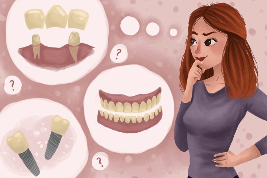 Cartoon of a woman with thought bubbles deciding between dental implants and dentures.