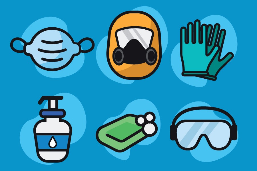 Cartoon graphic showing covid-19 safety equipment such as masks, gloves, sanitizer and soap.