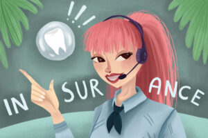 Cartoon of a girl wearing a telephone headset talking about dental insurance.