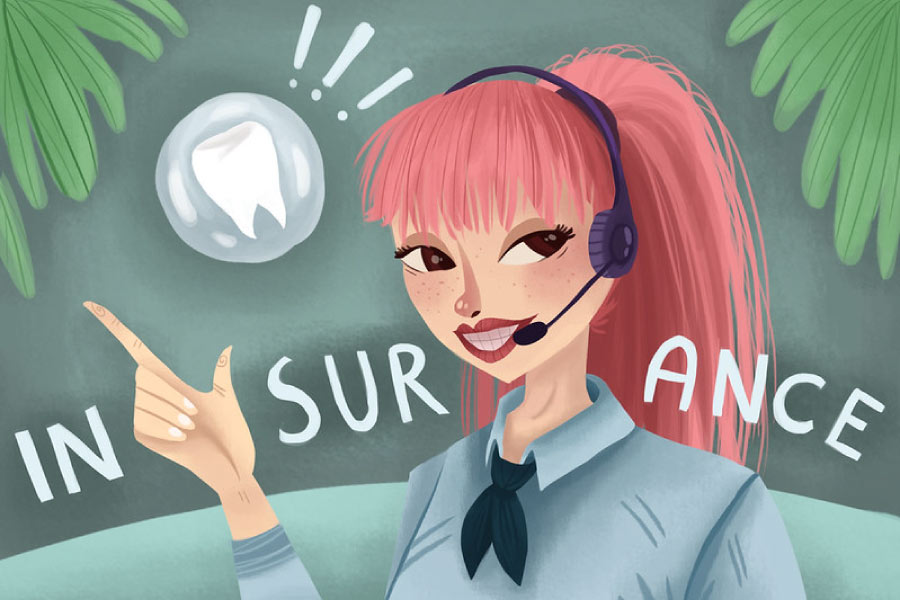 Cartoon of a girl wearing a telephone headset talking about dental insurance. 