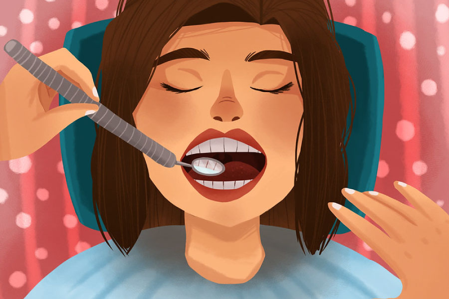 Cartoon of a lady in the dental chair getting a dental exam.