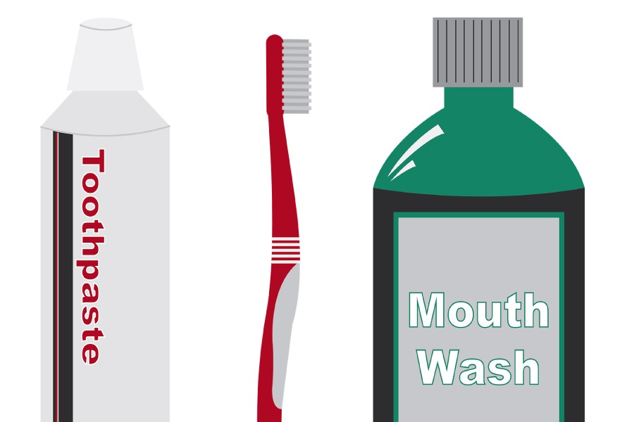 Images of toothpaste, toothbrush and mouthwash.