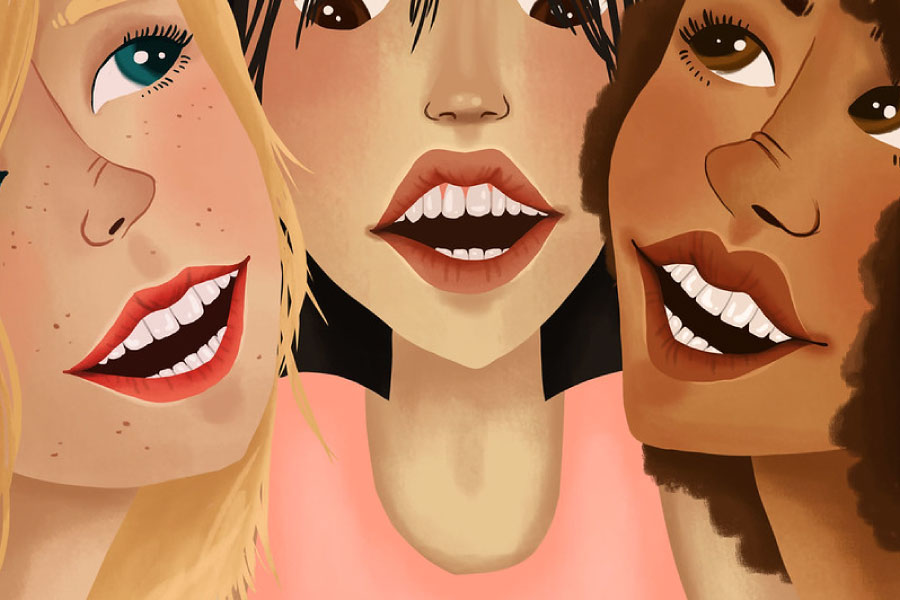 Cartoon with three smiling women with dental veneers.