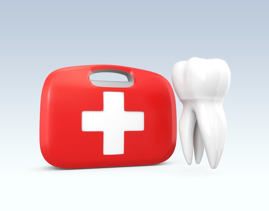 Graphic illustration of first aid box and tooth for a dental emergency. 