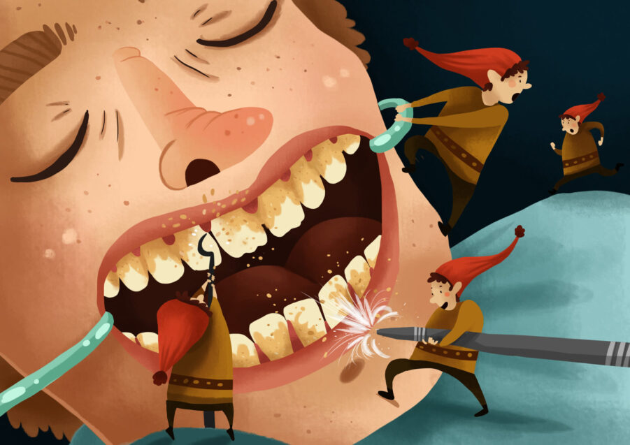 Graphic Illustration Of A Deep Cleaning, Removing Dental Plaque And Tartar Or Calculus. 