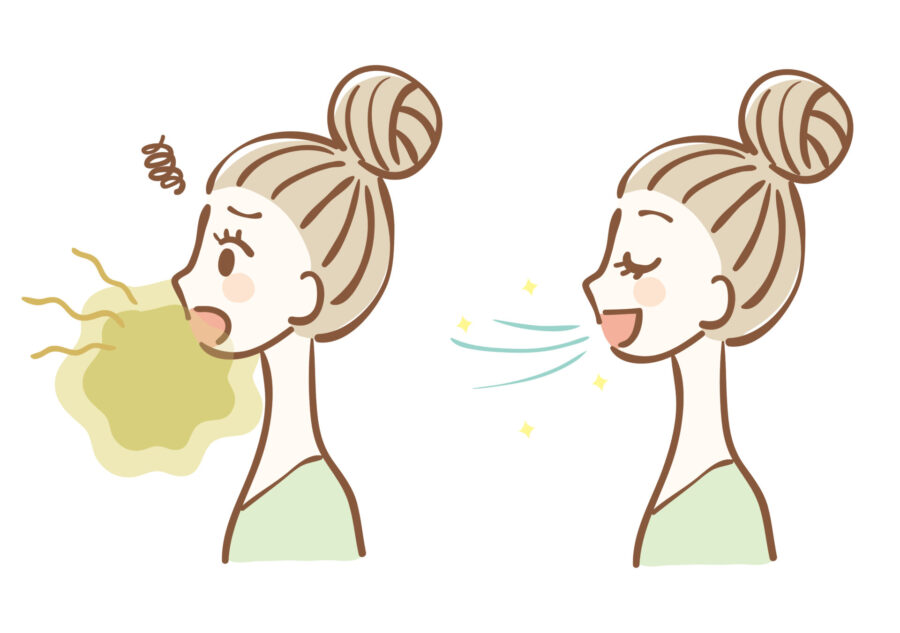 Graphic illustration of woman with bad breath, or halitosis. 