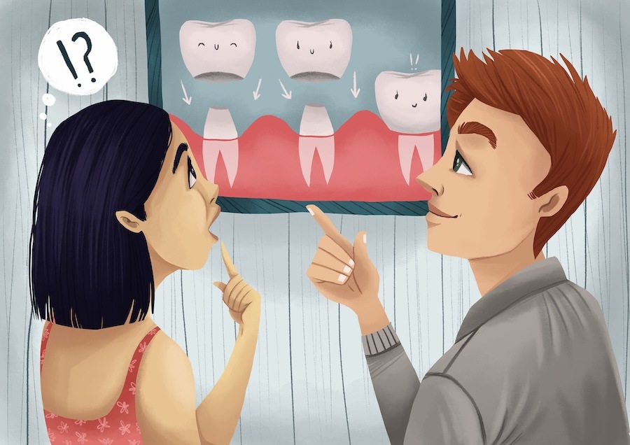 woman discussing dental crown with dental provider, loose dental crown