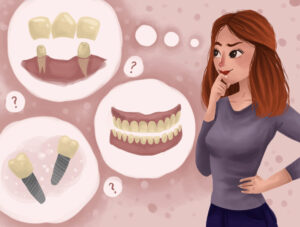 woman considering tooth replacement with dental implants dental bridge dentures